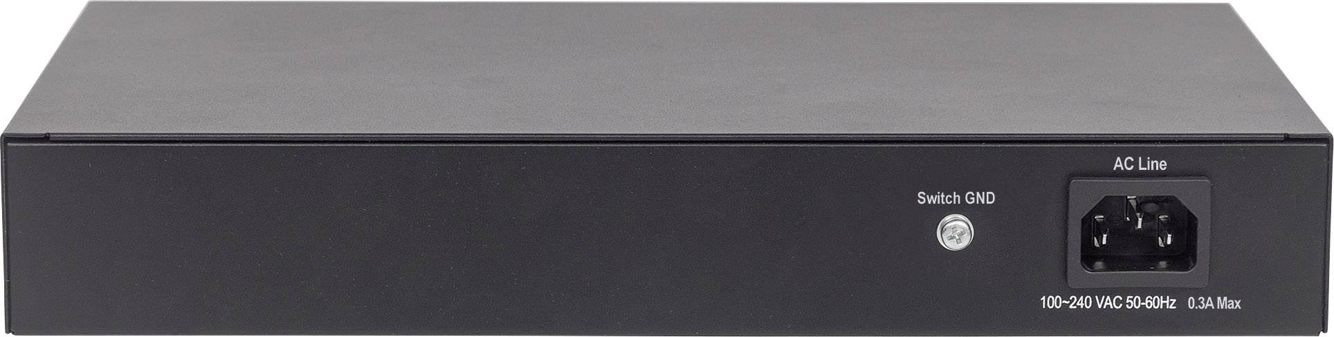 Rückansicht eines schwarzen elektronischen Geräts mit einem Netzanschluss und einem Schalter, geeignet für 100-240 V AC.