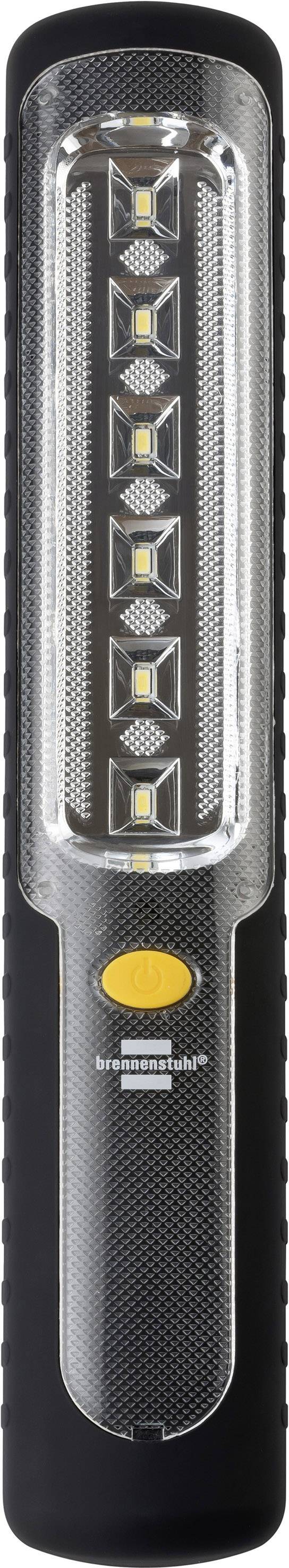 Eine schwarze LED-Taschenlampe mit sieben LED-Lampen und einem orangenen Knopf auf der Vorderseite.