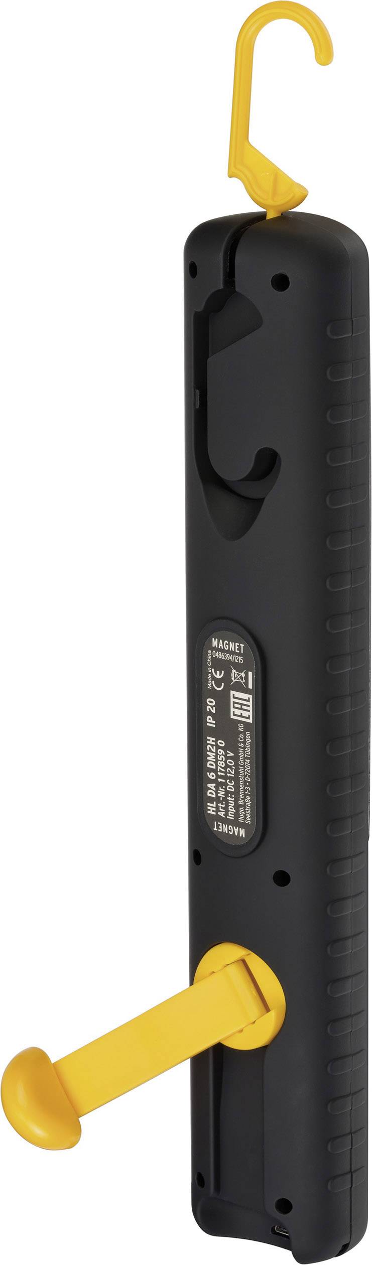 Handgehaltene Hängewaage mit gelbem Haken und Griff, schwarz. Ideal zum Wiegen von Gepäck oder anderen hängenden Objekten.