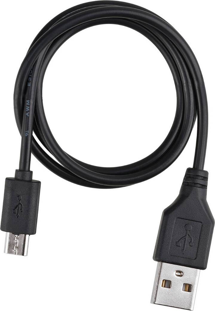 Schwarzes USB-Kabel mit Standard-A-Stecker auf der einen und Micro-B-Stecker auf der anderen Seite.