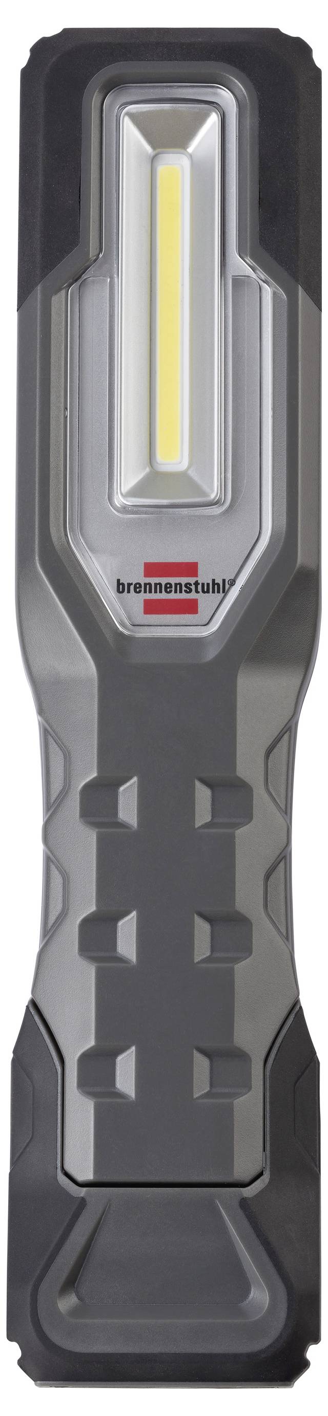 Eine schwarze tragbare LED-Arbeitsleuchte mit silberfarbenem Mittelpanel und vertikalem gelbem Lichtstreifen, mit der Marke „brennenstuhl