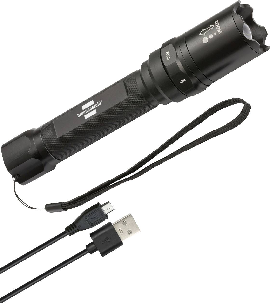 Schwarze wiederaufladbare Taschenlampe mit Handgelenkschlaufe und USB-Ladekabel auf weißem Hintergrund.