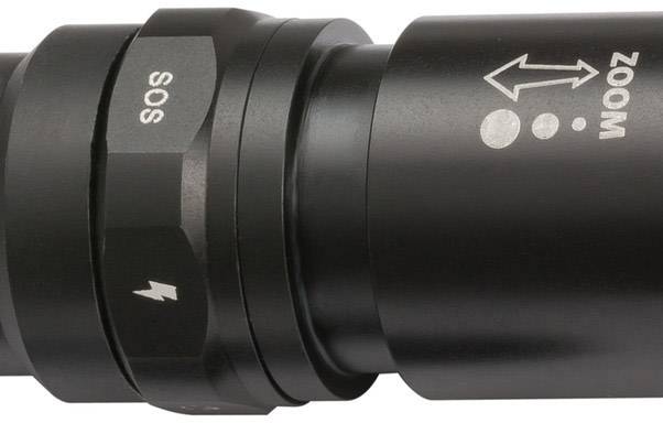 Schwarze Taschenlampe mit Zoomfunktion, SOS- und Blitzsymbol auf dem Schalterring.
