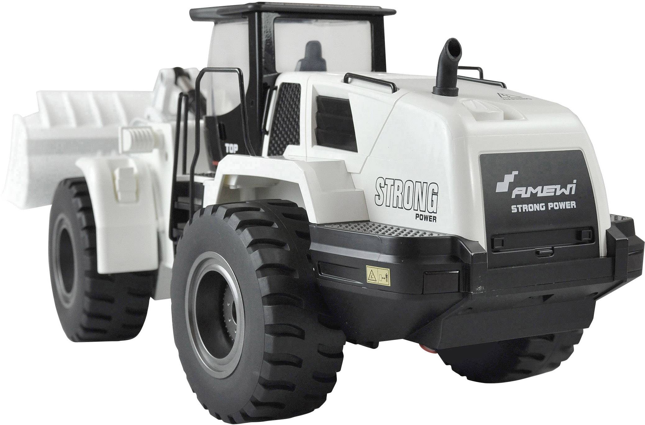 Ferngesteuertes geländegängiges Fahrzeugspielzeug in Weiß und Schwarz, Aufschrift 'Strong Power'. Große Reifen und robustes Design.