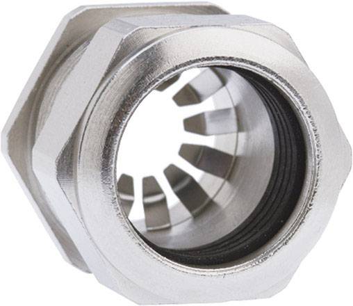 Eine Metallverschraubung mit sechseckigem Kopf und inneren Kunststoffzähnen, vermutlich für Kabeldurchführung oder Verbindungselemente.