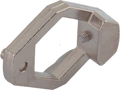 Ein silberfarbener, metallischer Clip mit einem hexagonalen Knopf an einem Ende, vermutlich für Papier oder leichte Gegenstände.