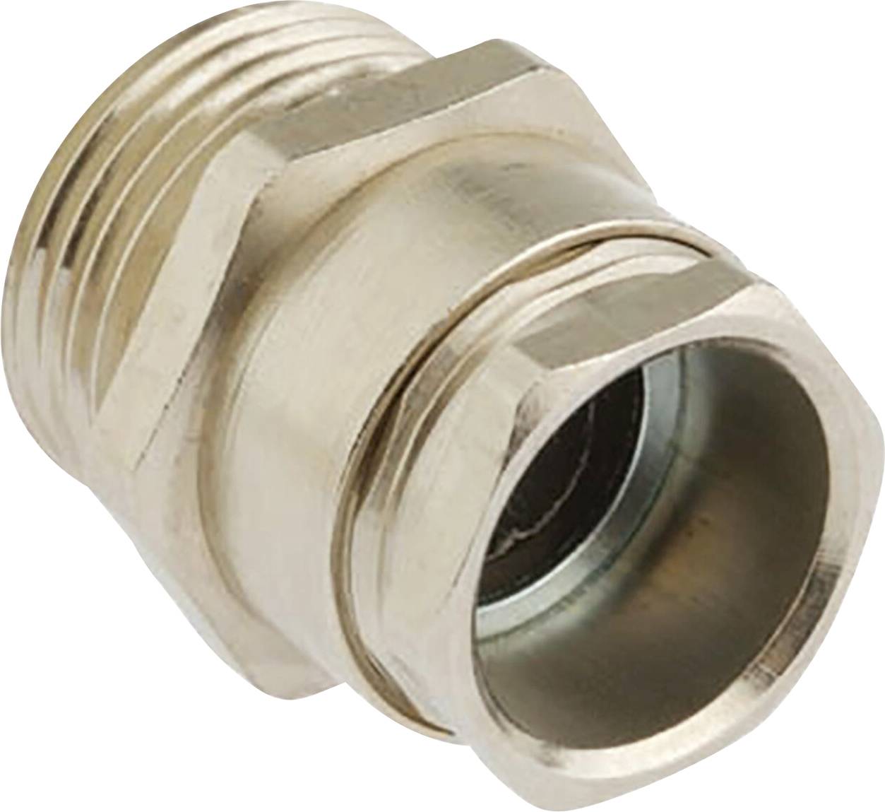 Metallisches Rohrverschraubungsteil mit Gewinde, zylindrischer Form und Sechskantmutter.