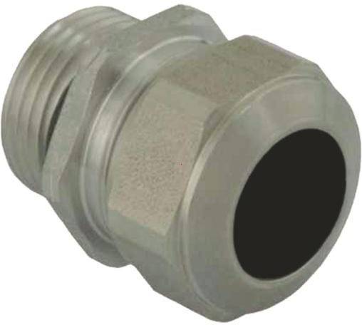 Ein graues Metallteil mit einem Gewindeanschluss auf der einen Seite und einer glatten Öffnung auf der anderen Seite.