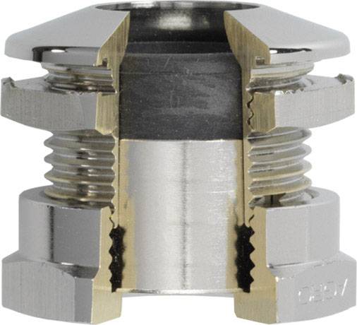 Metallischer Rohrverbinder mit Gewinde und Einschnitte, zeigt den Aufbau und die Verbindungstechnik in einer Schnittansicht.