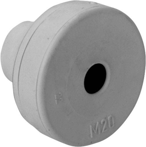 Grauer Kunststoffstopfen mit zentralem Loch; Aufschrift 'M20' markiert die Größe. Geeignet für Kabeldurchführungen oder Abdeckungen.