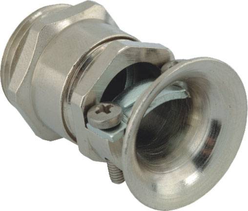 Eine silberne Kabelverschraubung mit Schraubverschluss aus Metall, verwendet zur Befestigung und Sicherung von Kabeln.