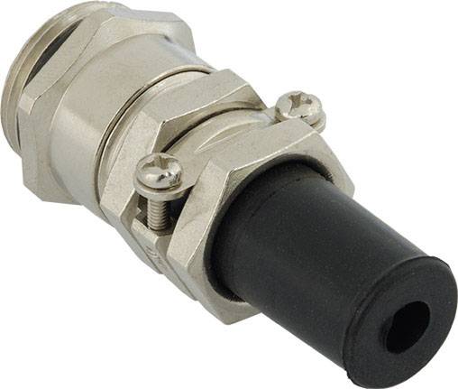 Metallener Kabelverschraubung mit schwarzem Kunststoffteil, verwendet für sicheren Kabelanschluss in elektrischen Installationen.