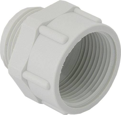Ein graues Kunststoff-Adapterstück mit Außengewinde und sechseckiger Form. Verwendet, um Rohre oder Schläuche zu verbinden.