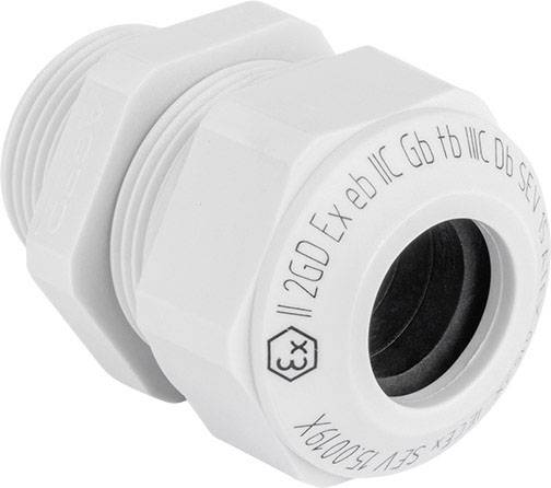 Ein weißer Kabelverschraubung mit industrieller Kennzeichnung, geeignet für explosionsgefährdete Bereiche.