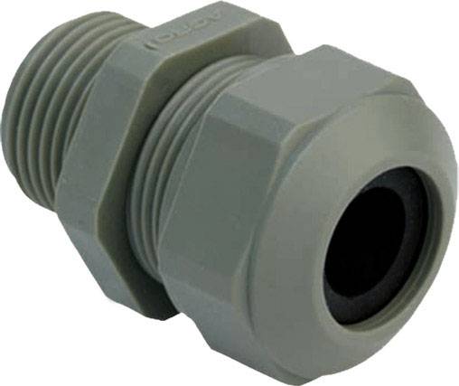 Eine graue Kunststoffverschraubung, bestehend aus einem gerippten Gewindeende und einem sechseckigen Abschnitt zur Befestigung von Kabeln.