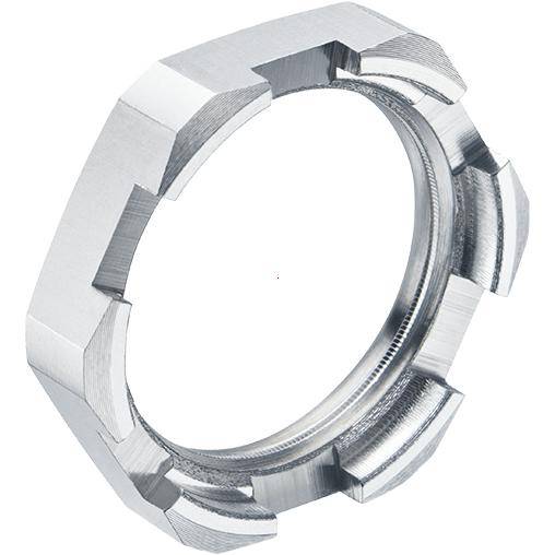 Metallring in hexagonaler Form mit abgerundeten Kanten, vermutlich Teil eines mechanischen Bauteils.