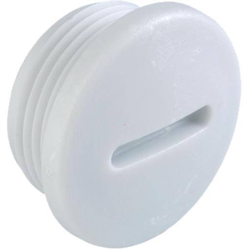Weißer Kunststoffverschluss mit Schlitz in der Mitte, geeignet zum Verschließen von Rohren oder Öffnungen.