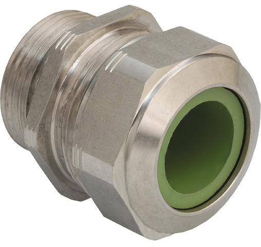 Ein silbernes Metallgewinde, möglicherweise ein Verbinder oder Adapter, mit einem grünen Innenring.