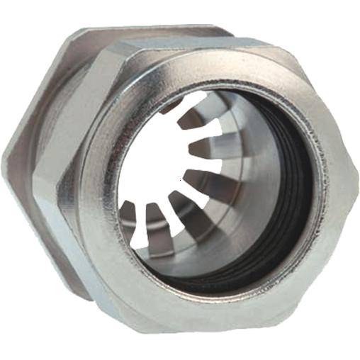 Silberfarbene Metall-Hutmutter mit hexagonaler Basis und Innengewinde, vor weißem Hintergrund.