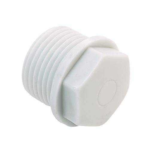 Weiße Kunststoffkappe mit sechseckigem Kopf und Gewinde, geeignet zum Verschließen eines Rohres oder einer Öffnung in einem Behälter.