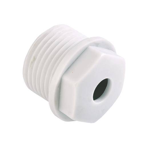 Ein weißer, sechseckiger Schraubverschluss mit zentralem Loch, möglicherweise ein Teil eines Sanitär- oder Maschinenbausystems.