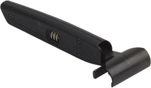 Ein schwarzer Türgriff mit gebogenem Endstück und federgeladenem Mechanismus in der Mitte, geeignet für Sicherheits- oder Notausgangstüren.