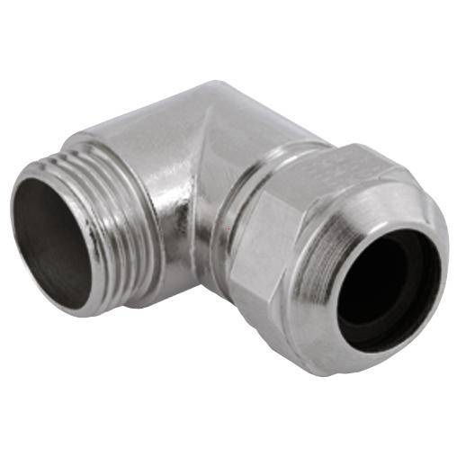 Ein 90-Grad-Winkelstück aus Metall mit Innen- und Außengewinde, verwendet für Rohrverbindungen in Sanitärinstallationen.