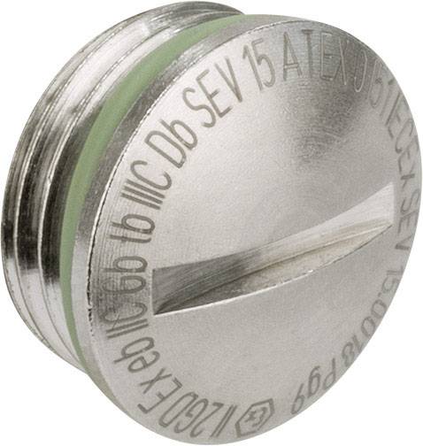 Metallschraube mit Gravur von Technischen Spezifikationen und Zertifizierungsnummern. Zylindrische Form mit grünem Dichtring.