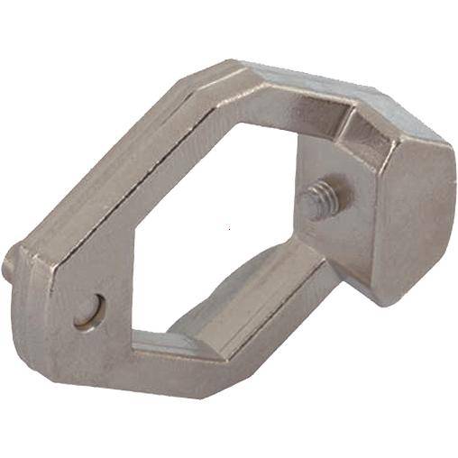 Ein silberner, sechseckiger Karabiner aus Metall mit Schraubverschluss, seitlich dargestellt.