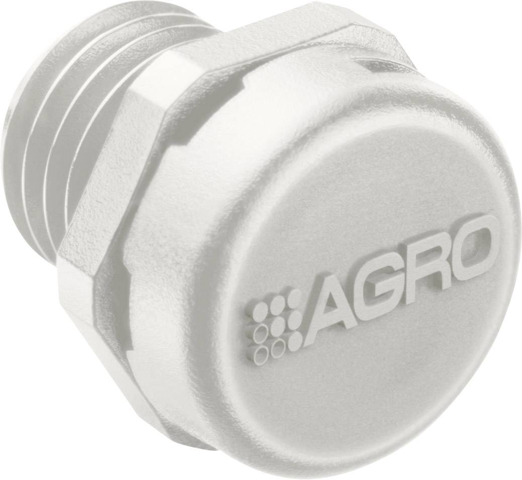 Verschlussschraube mit Aufschrift 'AGRO', silberfarben, zylindrische Form, für den Einsatz in elektrotechnischen Anwendungen.