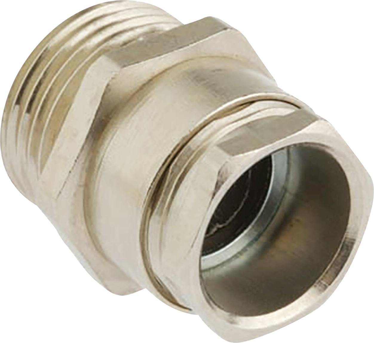 Eine silberne Metallverschraubung mit Sechskantkopf und Gewindeeinsätzen, geeignet für Rohrverbindungen.