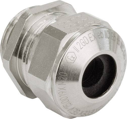 Metallkabelverschraubung in Silber mit Gewinde und schwarzem Dichtring. Geeignet für industrielle Anwendungen zur Kabelsicherung.