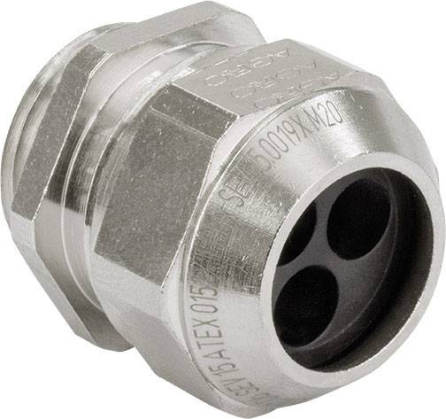 Metallkabelverschraubung mit mehreren Öffnungen für Kabeldurchführung, verwendet in elektrischen Installationen zur sicheren Abdichtung.