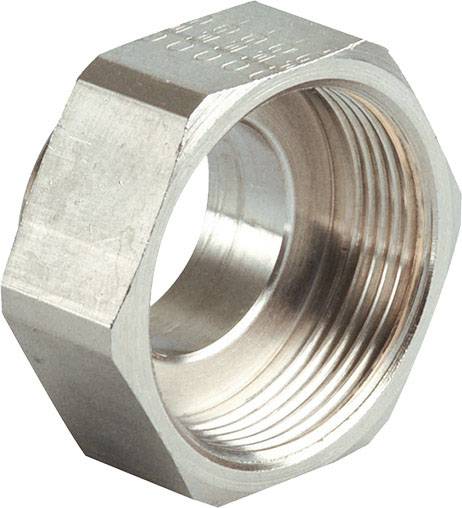 Sechskantmutter aus Metall mit Innengewinde, silberfarben.
