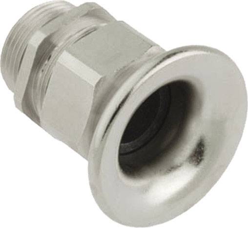 Metallverschraubung, zylinderförmig, mit Außengewinde und flachem Rand. Verwendet für Rohrverbindungen oder Befestigungen.