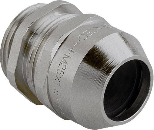 Metallische Kabelverschraubung in Silber. Sie hat ein zylindrisches Gewinde und eine glatte Oberflächenstruktur. Geeignet für Kabelsicherung.