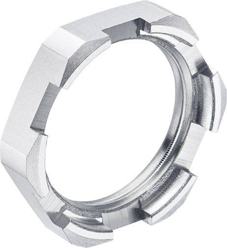 Metallbeschichtetes Uhrgehäuse in Form eines Rings mit eingeprägtem Muster und abgerundeten Kanten.