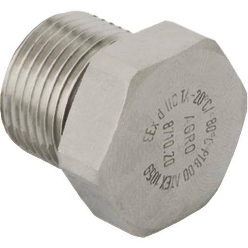 Metallischer Sechskantstecker mit Gewinde, seitlich mit Seriennummer und Zertifizierungsdetails graviert. Verwendet für elektronische Gehäuseabdichtungen.