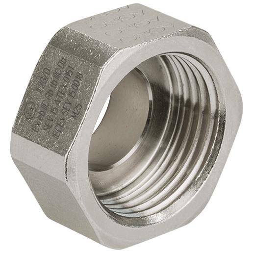 Eine sechskantige Metallmutter aus Edelstahl mit einem Innengewinde, geeignet zur Befestigung an Schrauben.