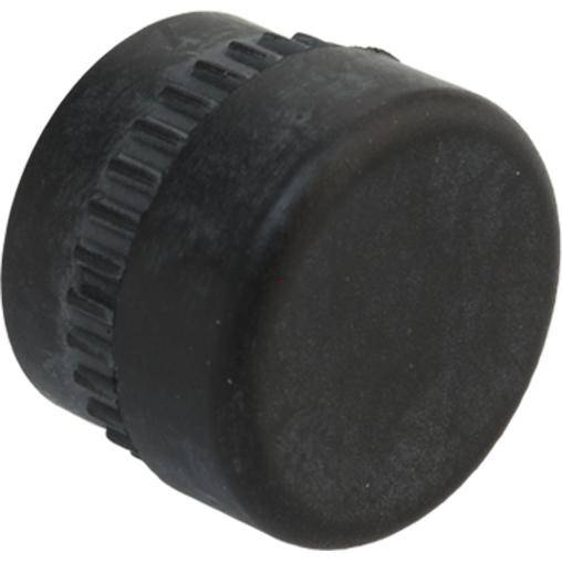 Ein schwarzer, runder Verschluss mit geriffeltem Rand, meist für Flaschen oder Behälter verwendet.