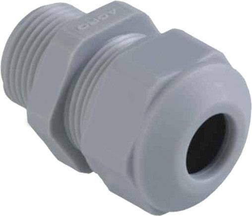 Graue Kabelverschraubung mit Gewinde, zeigt die Seite mit der Öffnung. Geeignet für Kabelbefestigung in elektrischen Anwendungen.