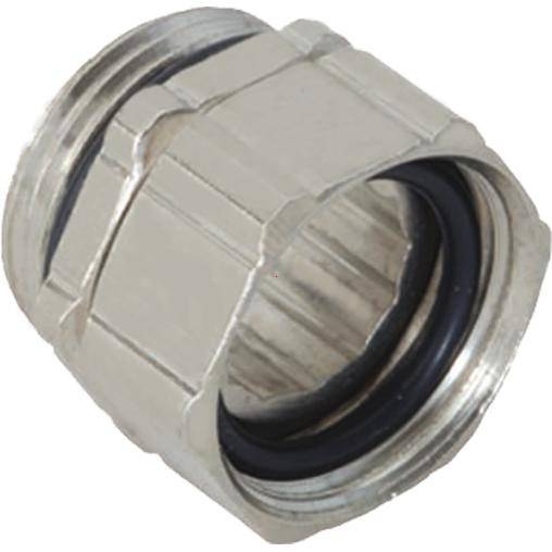 Metall-Steckverbinder mit Gewinde und schwarzer Dichtung, verwendet in elektronischen Geräten zur sicheren Kabelverbindung.