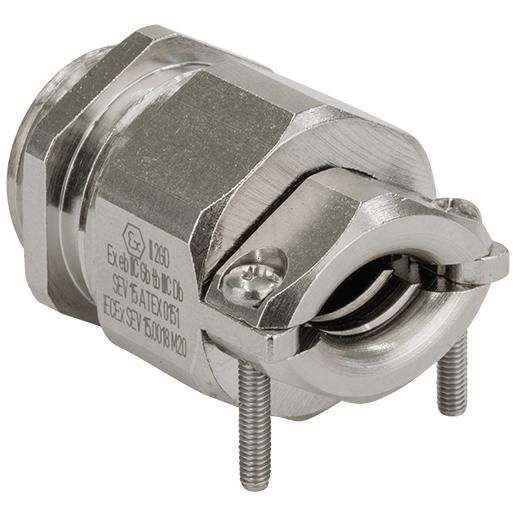 Ein metallisches Verschraubungsstück für Kabel, wahrscheinlich explosionsgeschützt, geeignet für den Einsatz in potenziell gefährlichen Umgebungen.