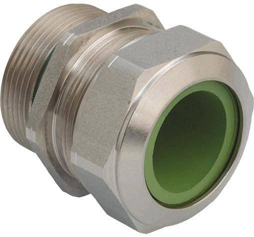 Metallisches Kabelverschraubungsstück mit grünem Innenring, zur Verbindung und Sicherung von Kabeln in einem elektrischen System.