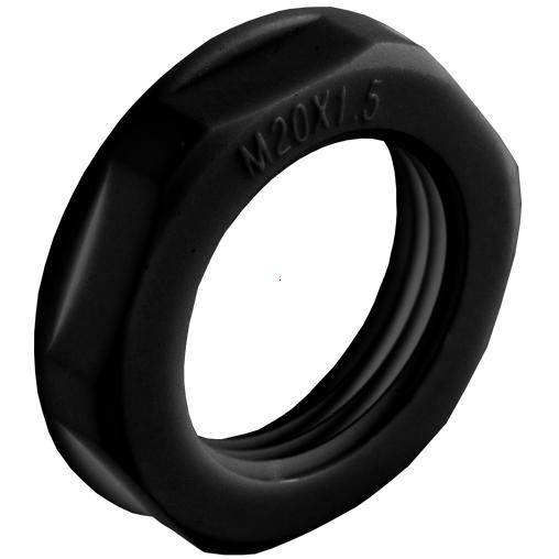 Eine schwarze Sechskant-Kontermutter mit der Aufschrift 'M20X1.5'.