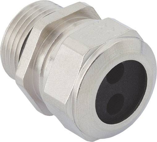 Metallkabelverschraubung mit zwei Öffnungen zur Sicherung von Kabeln, schützt vor Zug und Feuchtigkeit.