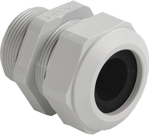 Graues Kunststoffverschraubungsteil mit einem Gewinde auf der linken Seite und einer Öffnung rechts, dient zur Kabelabdichtung.