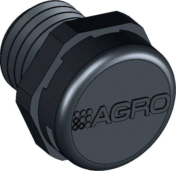 Industriekomponente mit der Aufschrift 'AGRO' auf der Vorderseite. Runder, gerippter Steckverschluss in dunkler Farbe.