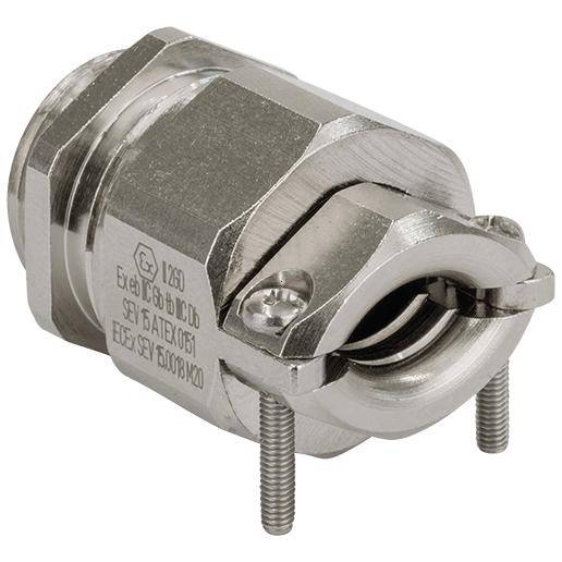 Ein silberner Metall-Gleitlager für Kabel, mit Schrauben zur Befestigung. Das Lager trägt technische Markierungen und ist in geschlossener Form abgebildet.