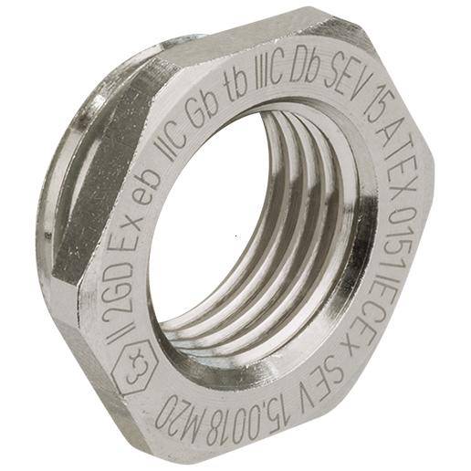 Ein sechseckiger Metallschutzring mit Gewinde und eingravierter technischer Aufschrift, verwendet in explosionsgefährdeten Bereichen.